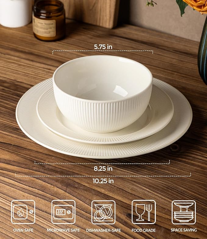 TheTerra Stoneware Dinnerware Sets for 6 18 Pieces Ceramic Plates and Bowls Sets Scratch Resistant Embossed Dish Set Oven Microwave &amp Dishwasher Safe Reactive White