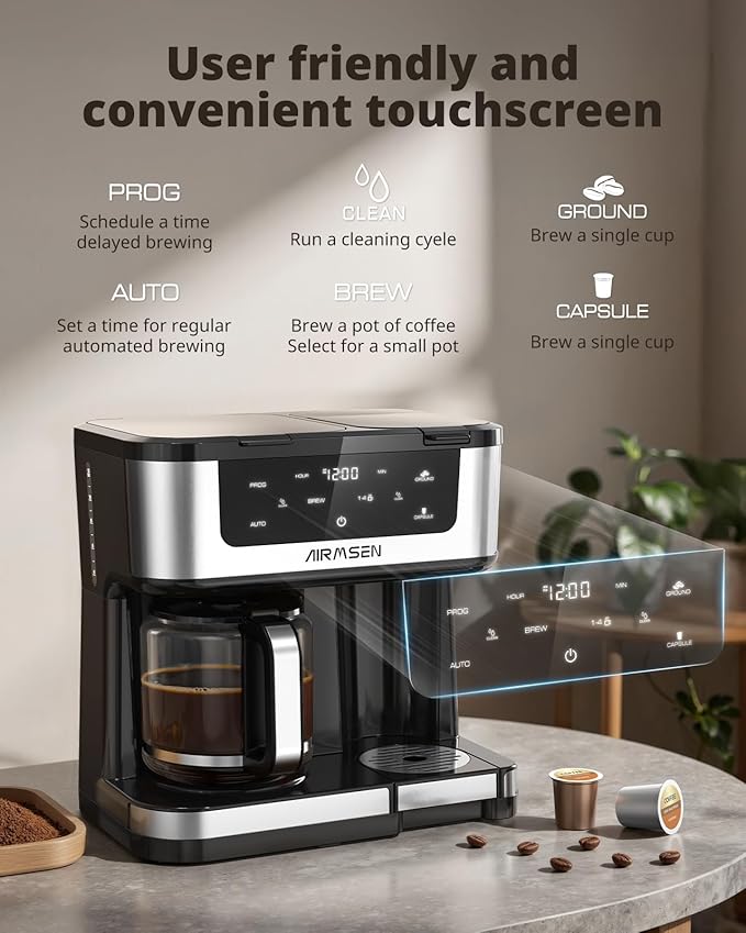 AIRMSEN 12-Cup Programmable Dual Coffee Maker – Single Serve Machine for K-Cup Pods &amp Ground 1000W Fast Brew Delay Start 2H Keep Warm Touchscreen 60oz Tank Glass Carafe – Home &amp Office