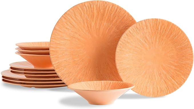 MissYIP 12 Pcs Dinner Set - Unbreakable Dishwasher Safe Plates &amp Bowls - Ideal for Parties &amp Camping (Orange)