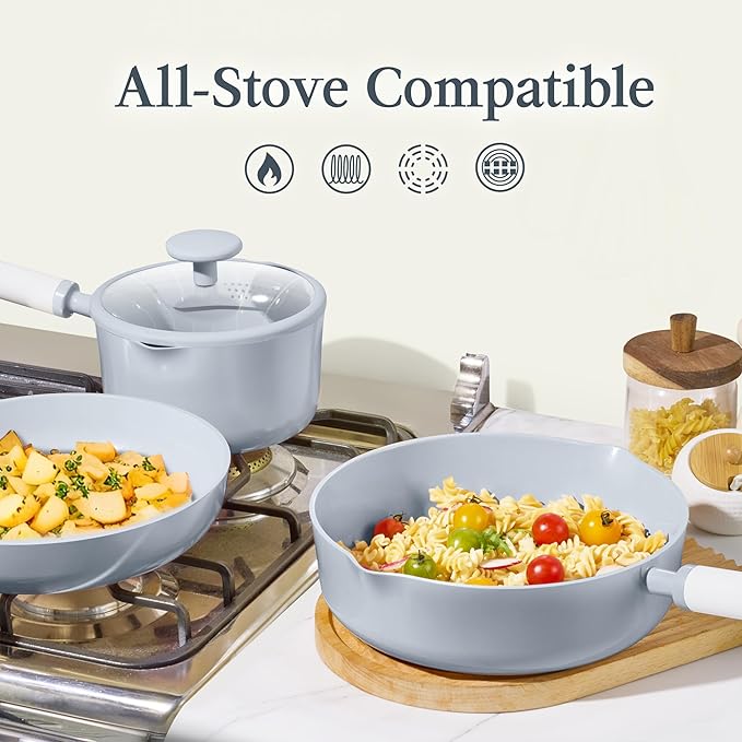 CAROTE Ceramic Cookware Set Nonstick 9pcs Pots and Pans Set Non stick Non-Toxic &amp PFAS-FreeDishwasher RV/Camping Cookware SetSauce Pan with Lid Blue