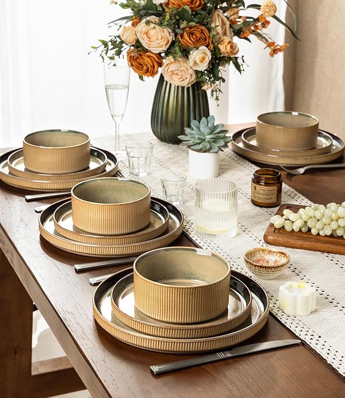 GBHOME Stoneware Dinnerware Sets for 4 12 Pieces Ceramic Ribbed Plates and Bowls Set Reactive Glaze Stackable Plate Sets Scratch Resistant Dishes Microwave &amp Dishwasher Safe Linen
