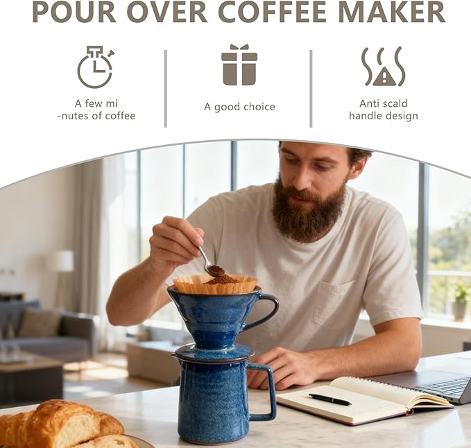 Ceramic Pour Over Coffee Maker Set Starry Blue Coffee Dripper Cone with 40 Filters 14 Ounces/400ml Pot