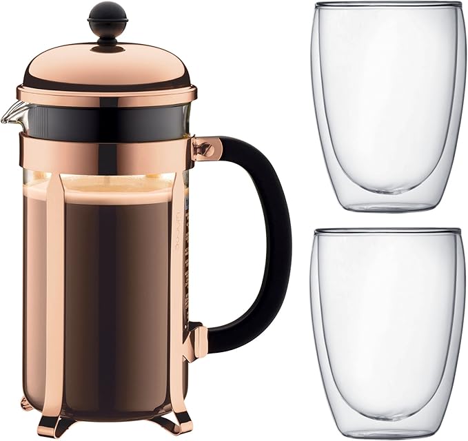 BODUM Chambord 8 Cup French Press Coffee Maker Copper 1.0 l 34 oz Pavina Glass Set 2 Pieces