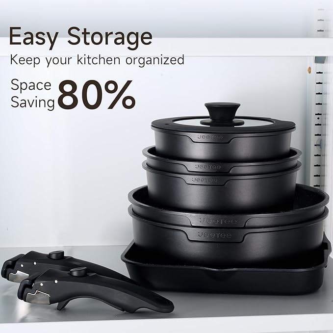 JEETEE 25pcs Pots and Pan Set Non StickDetachable Handle Cookware SetInduction Cooking &amp RV Camping Stackable Pots PansHealthy Kitchen Cookware Set PFAS/PFOA FreeBlack