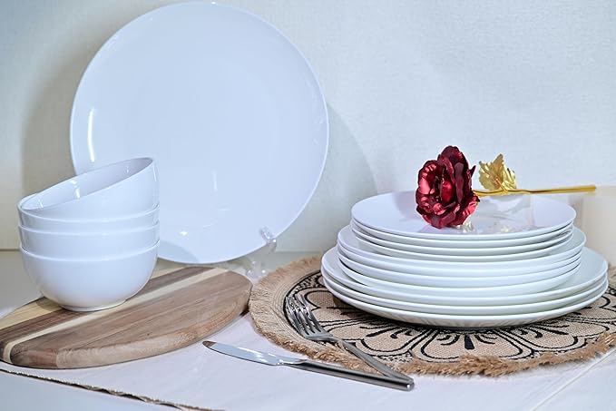 Jasmine Bone China Dinnerware Set 16 Pieces Service for 4 White Plates Dishes Bowls Set Microwave and Dishwasher Safe
