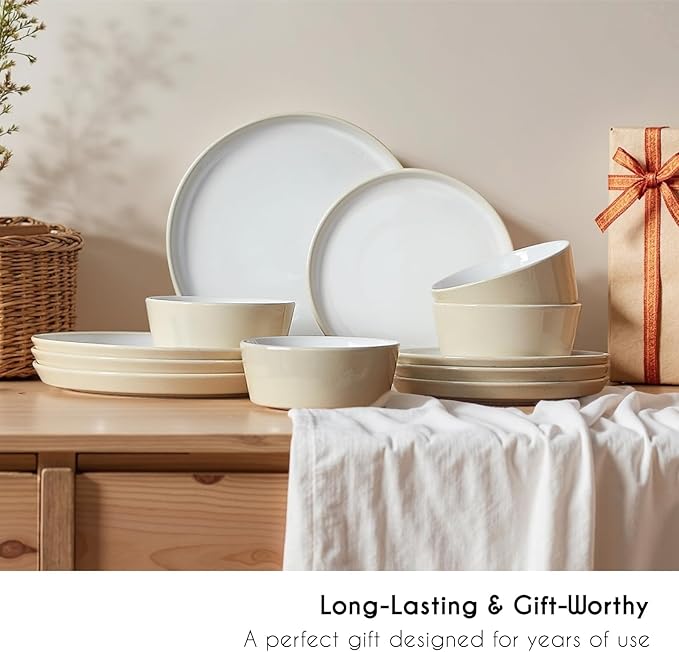Stoneware Dinnerware Set for 4(12Pcs) – Microwave &amp Dishwasher Safe Plates and Bowls with Reactive Glaze – Rustic Farmhouse Modern Design for Everyday Dining Wedding &amp Outdoor - Light Beige