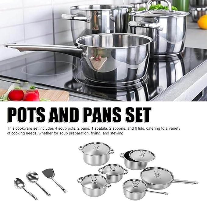 Pssopp Kitchen Cooking Set Safe Handling Fast Heating Multifunctional Stainless Steel Cookware Set for Home(4 Soup Pots 2 Pans 1 Spatula 2 Spoons)