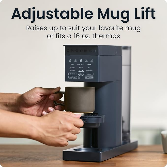 Chefman Caffeinator Single Serve Coffee Maker Brew Kcups &amp Grounds Drip Coffee Machine with Brew Strength Settings Iced Coffee Function 48 oz. Removable Water Reservoir