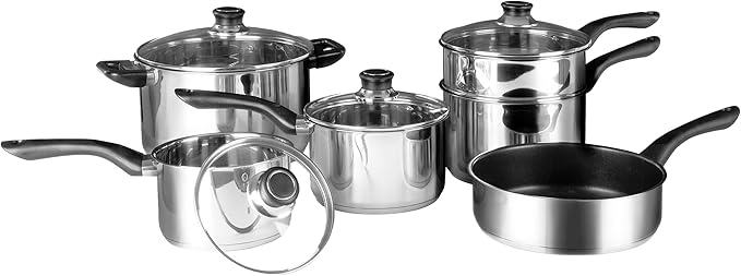 Premier Housewares 6 Piece Saucepan Set | Induction Hob Pan Set with Glass Lids | Stainless Steel Pans Set with Non Stick Saucepan | Cooking Pots Kitchen Set with Bakelite Handles