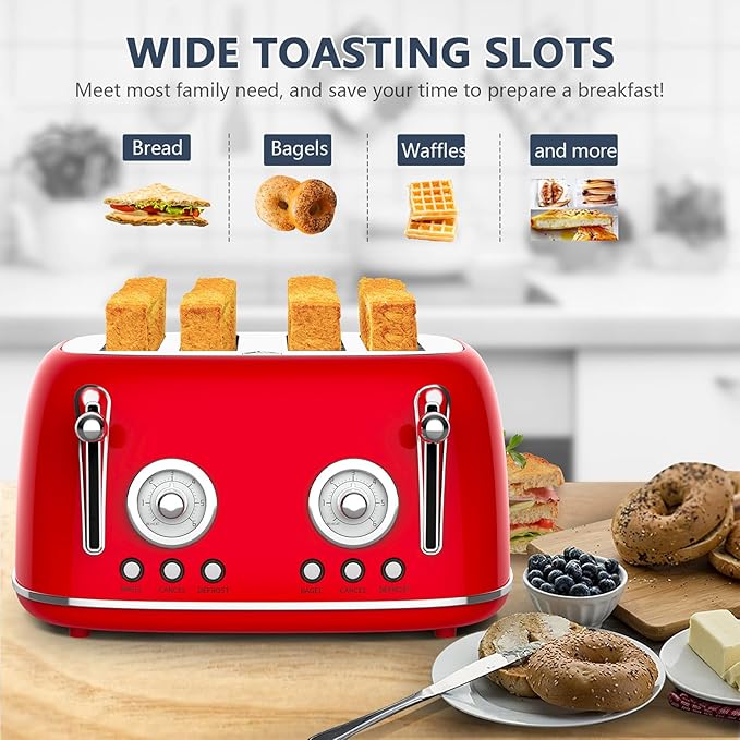 Toaster 4 Slice Wide Slot Toaster Long Slot with Warming Rack 6 Browning Settings Bagel/Defrost Functions Removable Crumb Tray (Red)