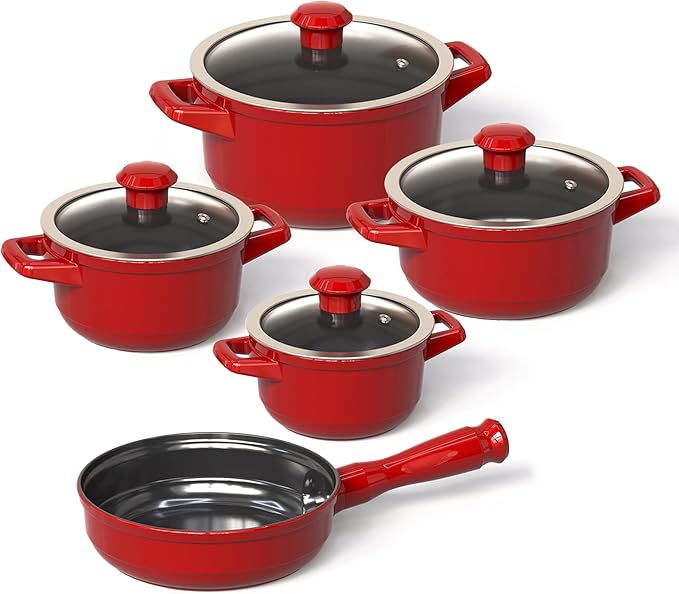 Real Ceramic Non Scratchable Non Toxic Cookware Set - Oven Safe Up to 1200F Stovetop Agnostic Dishwasher Safe Longlasting and Lightweight - PFAS PTFE PFOA PFOS - Tomato Red