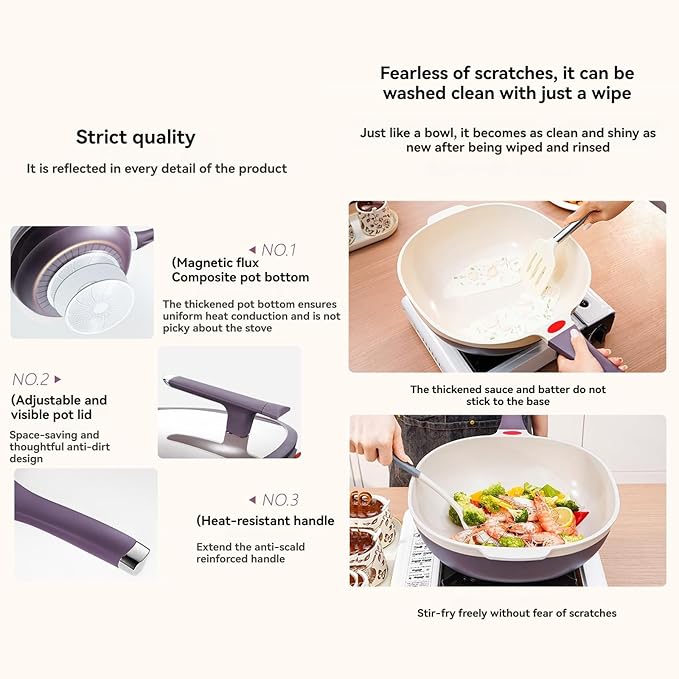 12 Inch Titanium Alloy Non Stick Pot with Lid with Steamer Ergonomic Stay-Cool Handle Nonstick Frying Pan Cookware Set for Frying Stewing Induction &amp Gas (Red)