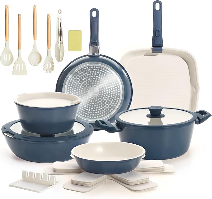 31pcs Ceramic Pots and Pans Set Nonstick Detachable Handle Cookware Induction Kitchen Cooking Set with Removable Handleinclude Frying Pans &amp Saucepans Oven Safe(Blue)
