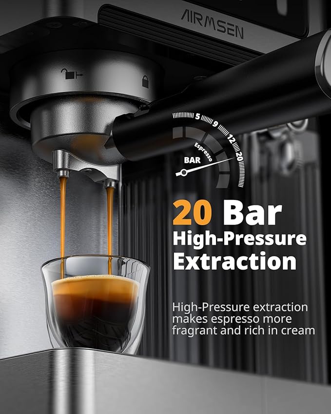 AIRMSEN 20 Bar Espresso Machine with Automatic Milk Frother Cappuccino &amp Latte Coffee Maker with Quick Brew Dual Boiler (1350W + 1000W) Stainless Steel 60oz Water Tank Touchscreen