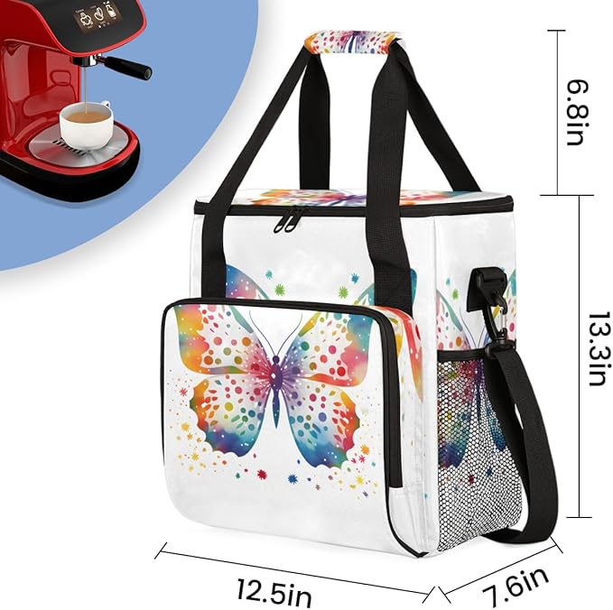 Colorful Butterfly Coffee Maker Carrying Bag Glitter Butterfly Travel Storage Bag Compatible with K-Mini or K-Mini Plus Single Serve Coffee Brewer Carrying Case with Pockets &amp Shoulder Strap