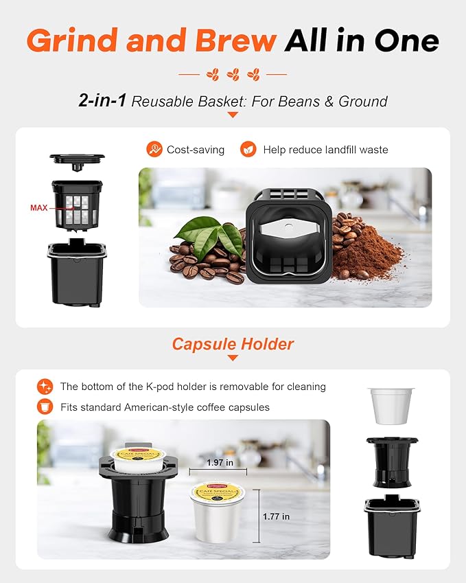 Single Serve Coffee Maker with Built-in Grinder Fast Brew 6-16oz Single Cup for Whole Beans Grounds K-Cup Grind and Brew Coffee Maker with 47oz Water Tank Descaling Alert Black