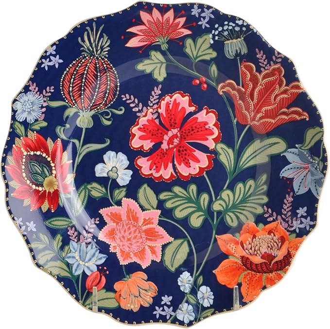 222 Fifth 12-Piece Porcelain Dinnerware Set for 4 White &amp Parisian Blue Plates and Bowls Set with Gold Rim Glossy Ceramic Dish Set with Detailed Floral Design Microwave &amp Dishwasher Safe C