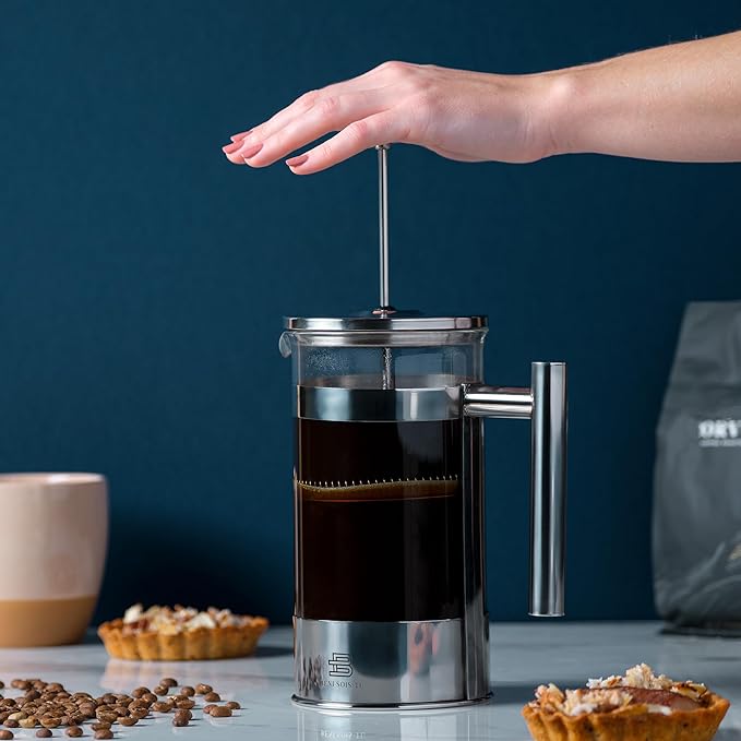 34 oz French Press Coffee Maker - Borosilicate Glass Coffee Brewer Stainless Steel Plunger Tea Press for loose Tea Heat Resistant Silver