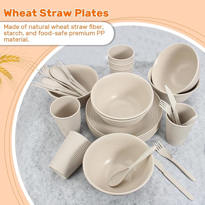 Wheat Straw Dinnerware Sets - SGAOFIEE 36 Piece Unbreakable Dinnerware Sets Reusable Wheat Straw Plates and Bowls Sets Travel Camping Cutlery Set Dishwasher Microwave Safe Dinnerware-Beige White
