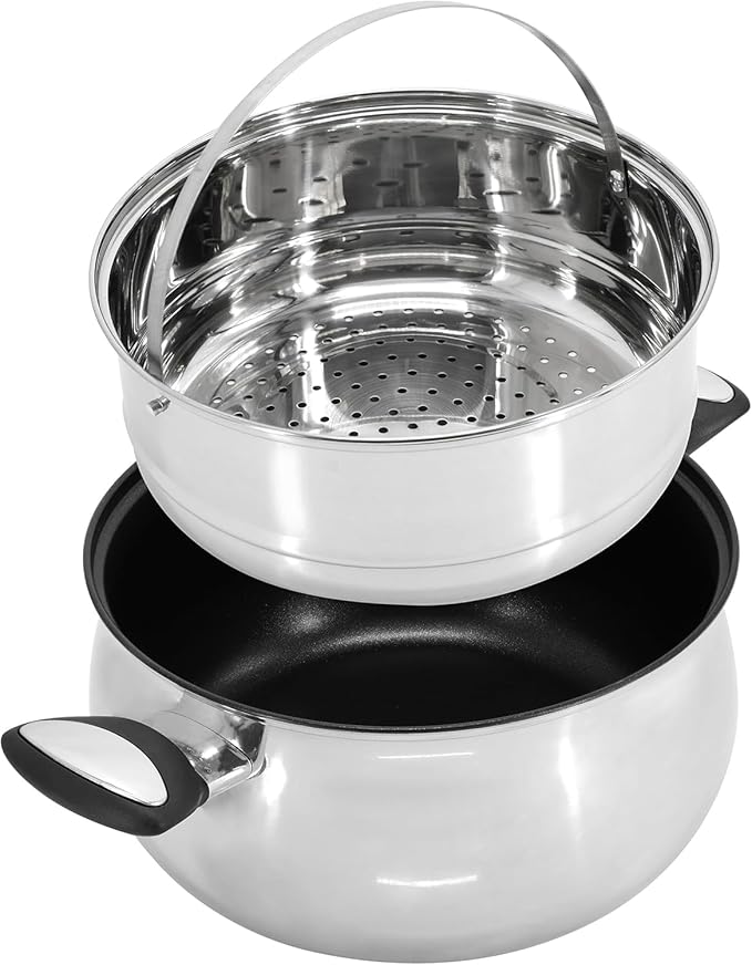 10 Piece Stainless Steel Belly-Shaped Cookware and Nonstick Utensil Set Dishwasher Safe Pots and Pans with Saute Pan Dutch Oven Saucepan and Kitchen Tools