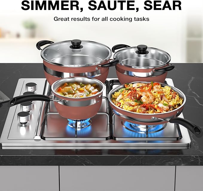 VBGK Pots and Pans Set Stainless Steel Cookware Set 10 PieceNon Toxic Kitchen Induction Cookware SetKitchen Cooking Set with Tempered Glass lid &amp Stay-Cool HandleDishwasher Oven SafeStackable