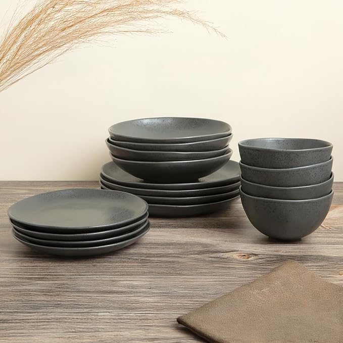Trasa Home by Larder &amp Vine Eco-Friendly High Fired Artisan Stoneware Organic &amp Modern Dinnerware 16 piece set 4 place settings (Charcoal)