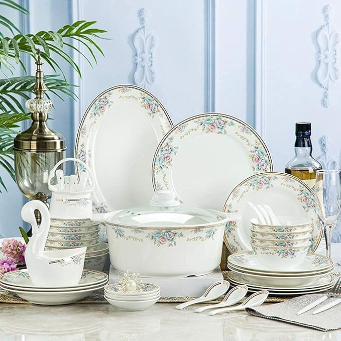 Porcelain Dinnerware Sets Plates and Bowls Sets 48 Pieces Ceramics Dinner Sets Bowl/Dish/Soup Pot/Spoon|Dinnerware Set Floral Pattern Combi