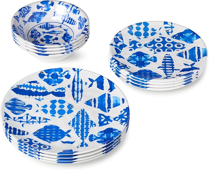Fish Tale 12 Pc. MELAMINE DINNERWARE SET SERVICE for 4 – Cobalt Blue Fish School Outdoor Plates Bowls Shatterproof Coastal Dining Poolside Patio Entertaining Mediterranean Dreams for Every Meal