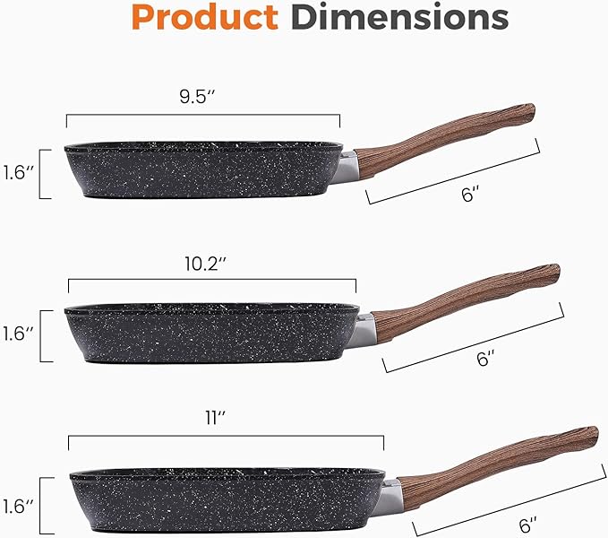 NEWBULIG 3-Piece Nonstick Grill Pan Set Square Griddle Pans with Wooden Handle Compatible with All Stovetops Ideal for Steak BBQ &amp Vegetables (9.5 10.2 11) Black