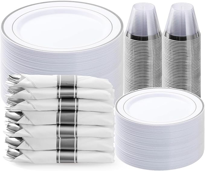 BESTVIP 350PCS Silver Plastic Dinnerware Set Disposable Party Plates for 50 Guests Include: 100 Plastic Plates 50 Pre Rolled Napkins with Silver Silverware 50 Cups