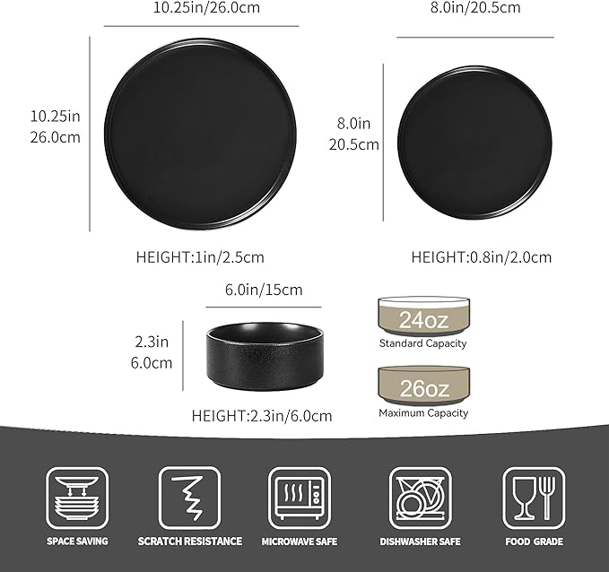 GZG Classic Series - Plates and Bowls Set for 2 6 Piece Stoneware Dinnerware Sets Microwave and Dishwasher Safe Lead-Free Handcrafted Ceramic Dishes Set - Frosted Matte Black