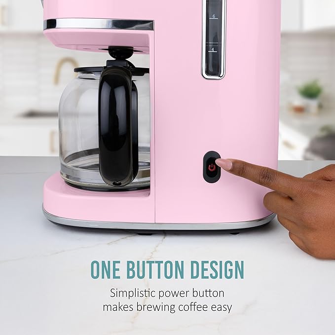Nostalgia Classic Retro 10 Cup Coffee Maker - One-Touch Drip Brew Reusable Filter - Anti-Drip Auto Shutoff &amp Time Display - Dishwasher Safe 50 oz Carafe - Pink