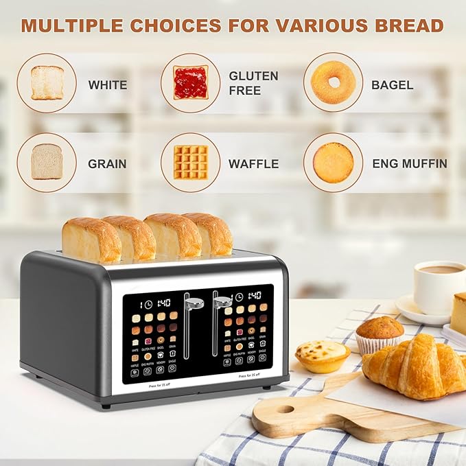 4 Slice Toaster Touch Screen Stainless Steel Toasters Digital Timer Dual Control Panel Toasters 8 Shade Settings 6 Bread Types for Bagel Cancel Defrost 1650W Grey