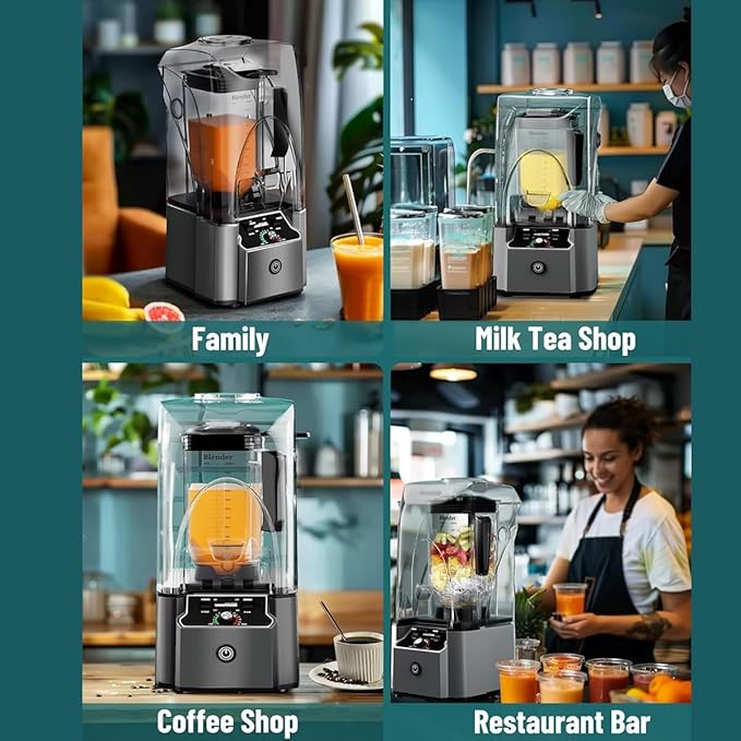 Professional Commercial Blender With Shield Quiet Sound Enclosure 2200W Industries Strong and Quiet Professional-Grade Power Self-CleaningGrey