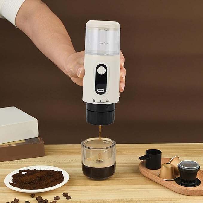 Yoidesu Portable Electric Espresso Machine Compatible with Coffee &amp Capsule 20 Bar Mini Car Travel Coffee Maker with 2500mAh Battery Ideal for Camping RV Hiking Office (Beige)