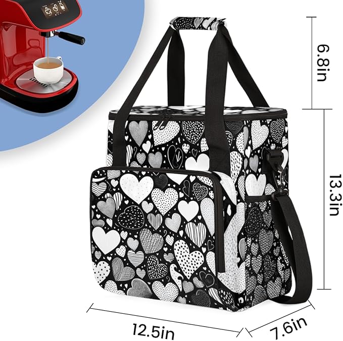heart Coffee Maker Carrying Bag White Black Portable Travel Storage Tote Bag Compatible with K-Mini or K-Mini Plus Single Serve Coffee Brewer Carrying Case with Multiple Pockets &amp Shoulder Strap