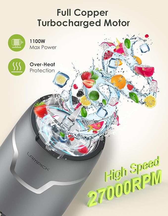 Smoothie Blender 1100W Personal Blender for Shakes and Smoothies Blenders and Grinder Combo for Kitchen with 2 * 22 Oz To-Go Cup and Lid for Protein Shake Baby Food Frozen Drink