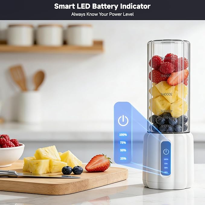Portable Blender 17 Oz Personal Blender for Smoothies and Shakes Small Juice Mixer with LED Display USB C Rechargeable Shake Maker with 6 Blades for Kitchen Outdoor Gym White