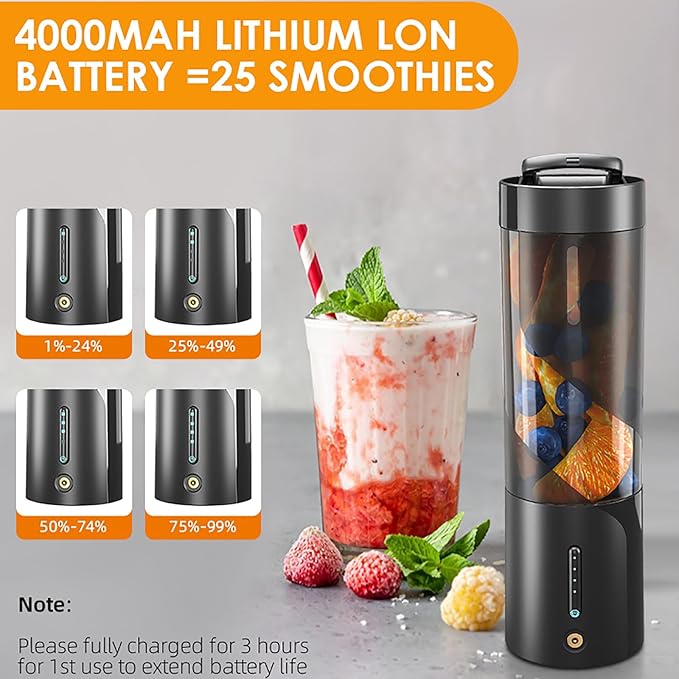 Personal Size Juicer Portable Mini Smoothie Blender 450ml Rechargeable Fruit Mixer with 6 Blades 25 Cups Output/Full Charged and Easy to Clean for Shakes Fresh Juices