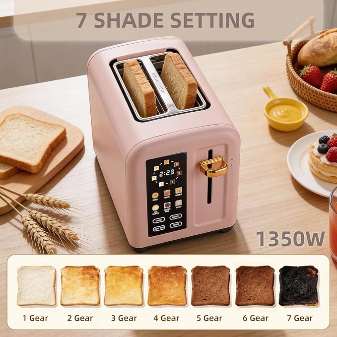 2-Slice Toaster with Touch Screen 7 Shade Settings Extra Wide Slots 6 Bread Function Stainless Steel with High Lift Lever Removable Crumb Tray 1350W (Pink)