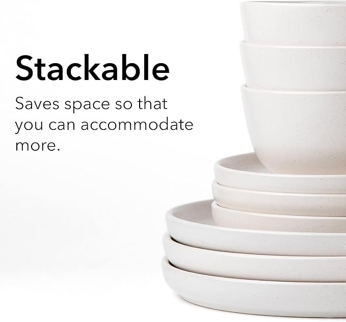 SKUGGA Round Stoneware 16pc Double Bowl Dinnerware Set for 4 Dinner and Side Plates Cereal and Pasta Bowls - Matte White(466077)