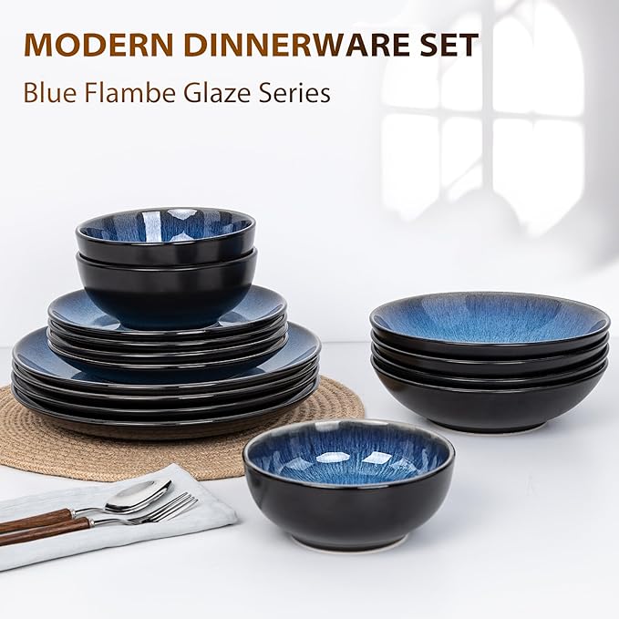 Plates and Bowls Sets for 4 - CJDC-QUELO 12-Piece Stoneware Dinnerware Sets Ceramic Dishware Set for Kitchen Use and Formal Dining Chip and Scratch Resistant Microwave Dishwasher Safe Blue