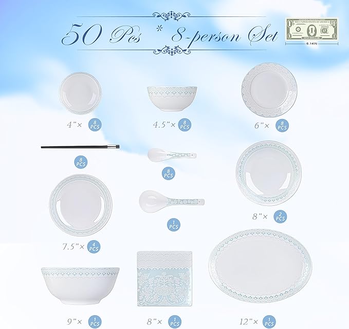 Fine Bone China Dinnerware SetPorcelain&ampCeramic Dinnerware SetsBone Stoneware &amp Ceramic Cookware Tableware Set Includes Dinner Plates|Spoons|Pasta Bowls|Soup Pot|Chopsticks (50PCS * 8-Person