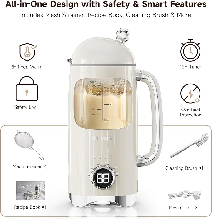 6-in-1 Upgraded 34oz Nut Milk Maker Machine with 8 Stainless Steel Blades Automatic Plant-Based Milk Maker for Homemade Soy Almond Oat Shakes &amp More Keep Warm Delay Timer &amp Self-Cleaning