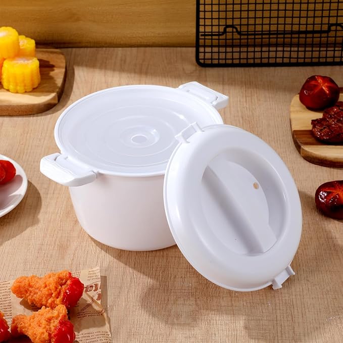 Microwave Rice Cooker Steamer Round Microwave Food Container for Vegetables Safe as Mixing and Serving Bowls Micro Rice Pasta Cooker - Dishwasher Safe | 1.8 Liter/7.5 Cup