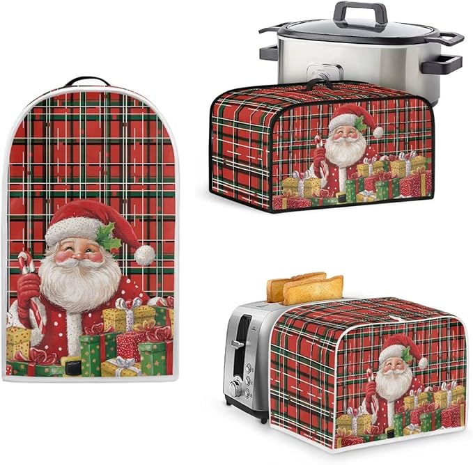 Santa Plaid Pattern Toaster Covers 4 Slice Wide Slot3Pcs Set Christmas Bread Machine Cover Slow Cookers Cover Blender Covers with Top Handle and Accessories Pocket Counter Decor (Red)