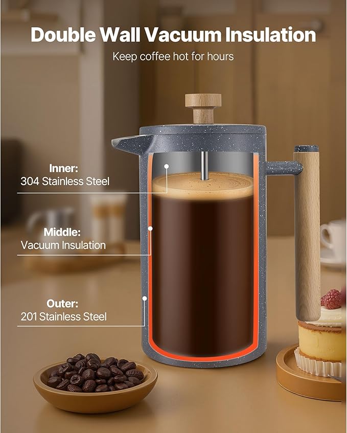 French Press Coffee Maker 34 Oz Stainless Steel 1 Liter French Press Double-Walled Thermal Insulation for Heat Retention Fine Mesh Filter for Smooth Brew with Ergonomic Handle