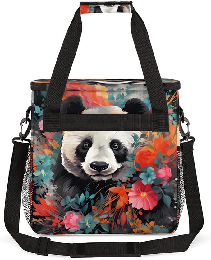 Cute Panda Coffee Maker Carrying Bag Oil Painting Floral Travel Storage Bag Compatible with K-Mini or K-Mini Plus Single Serve Coffee Brewer Carrying Case with Multiple Pockets &amp Shoulder Strap