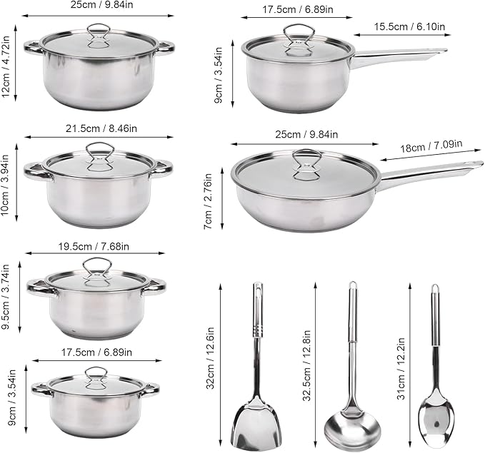Pssopp Kitchen Cooking Set Safe Handling Fast Heating Multifunctional Stainless Steel Cookware Set for Home(4 Soup Pots 2 Pans 1 Spatula 2 Spoons)