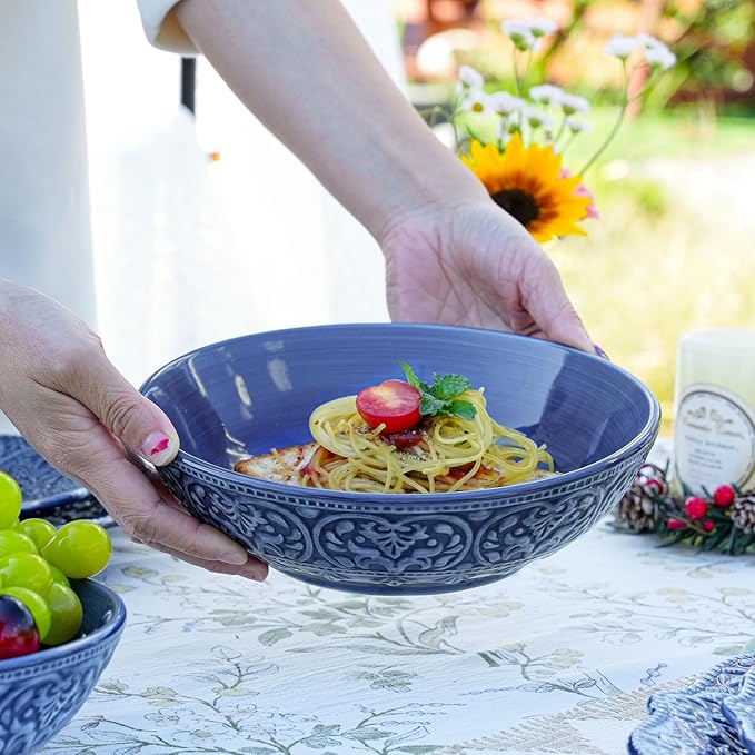 Sungmor Embossed Stoneware Fine Dining Dinnerware Antique Baroque Style Porcelain 8 Inch Large Serving Bowls Set of 2 Sophisticated Ceramic Bowls for Salad Soup Cereal Pasta
